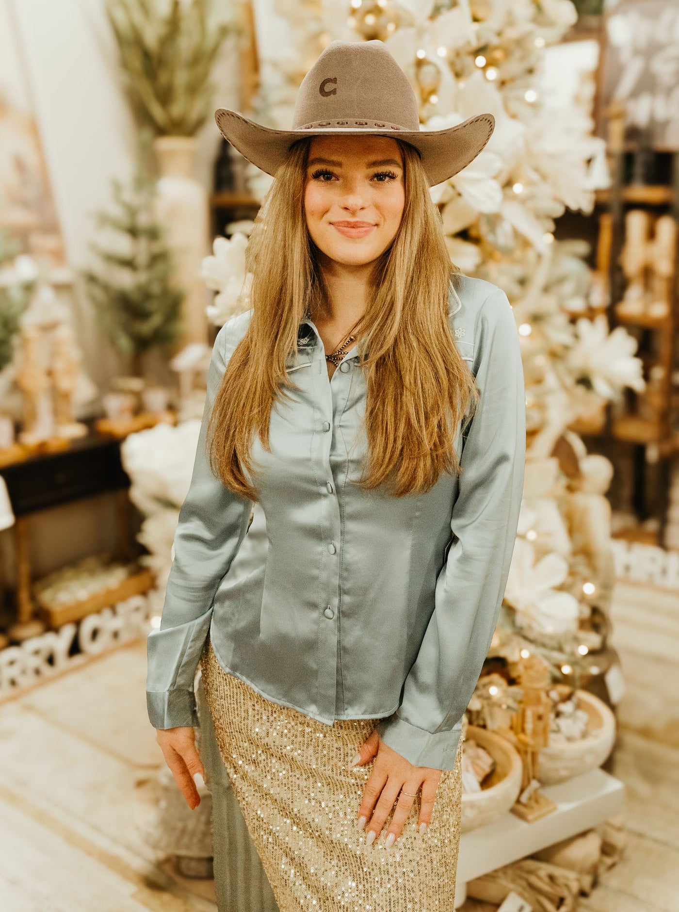 Soft Blue Western Embroidered Satin Shirt BRT3312-1