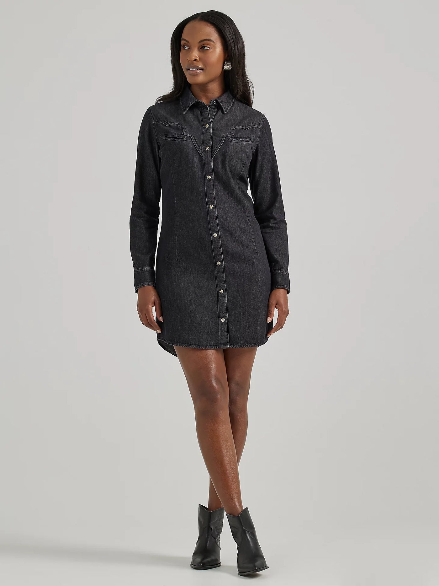 Wrangler Scallop Yoke Denim Western Snap Shirt Dress 112356662