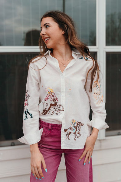 Off White Western Cowgirl Embroidered Long Sleeve Shirt 22894T