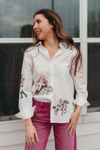 Off White Western Cowgirl Embroidered Long Sleeve Shirt 22894T