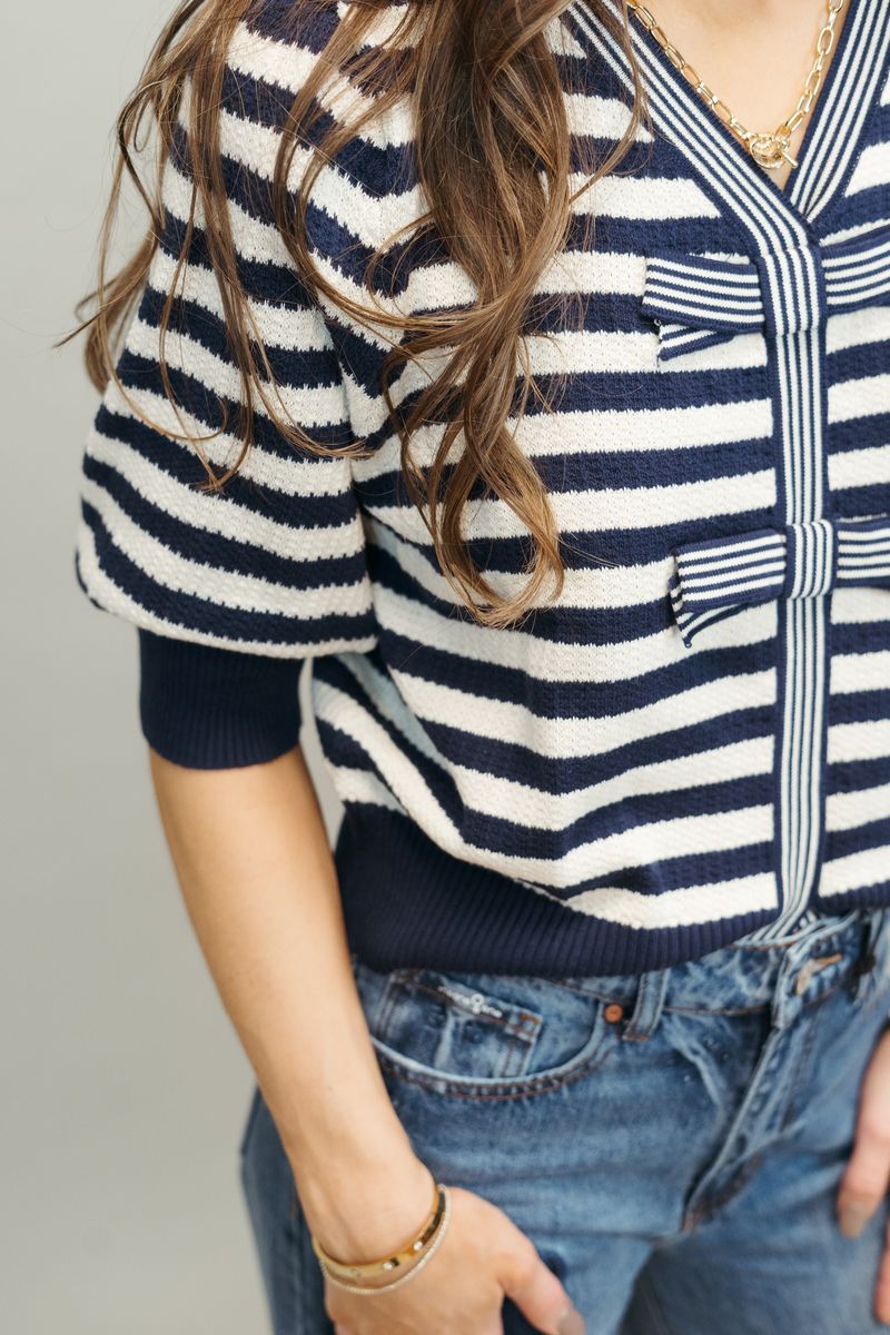 Navy Bow Detailed V Neck Striped Knit Top 34667