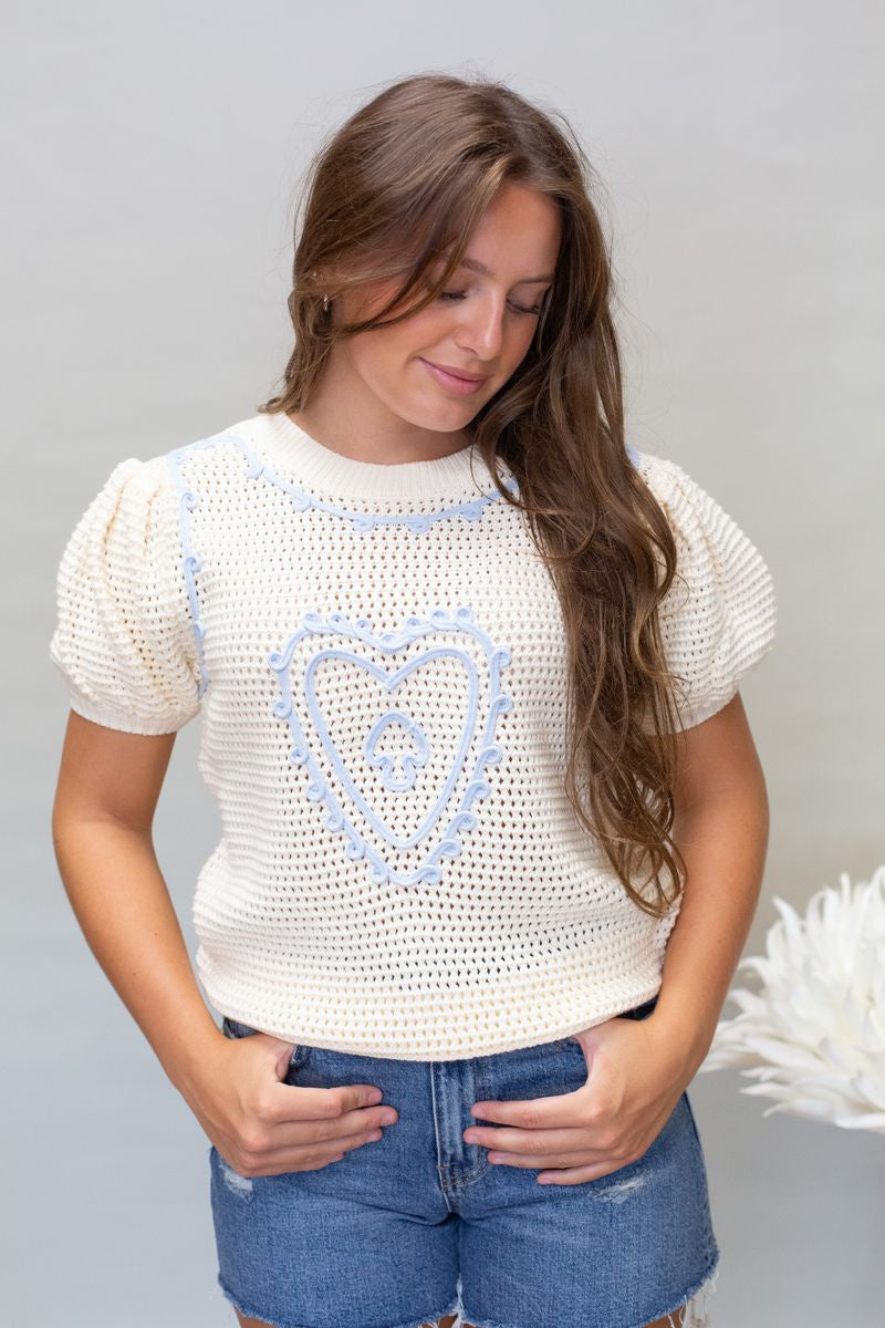 Cream/Blu Heart Embroid Sweater