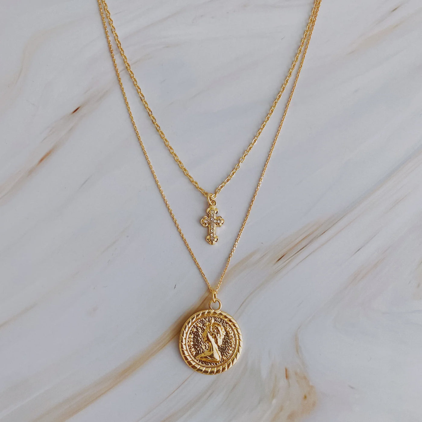 Cross and Coin Layered Necklace