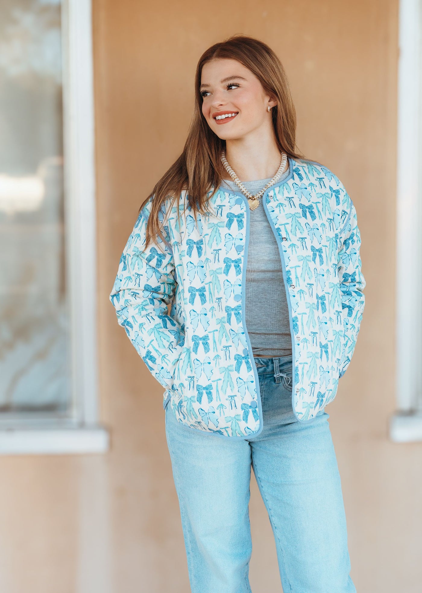 Blue Multi Bow Print Jacket w/Pockets J24661