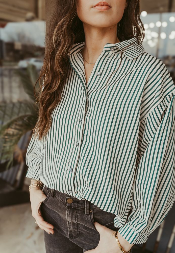 Hunter Green Striped 3/4 Sleeve Top T24501