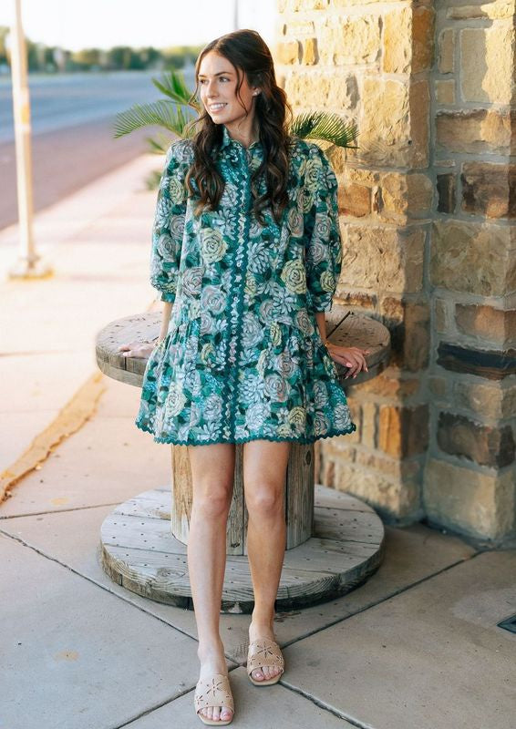 Teal Green Floral ¾ Puff Sleeve Mini Dress D25262