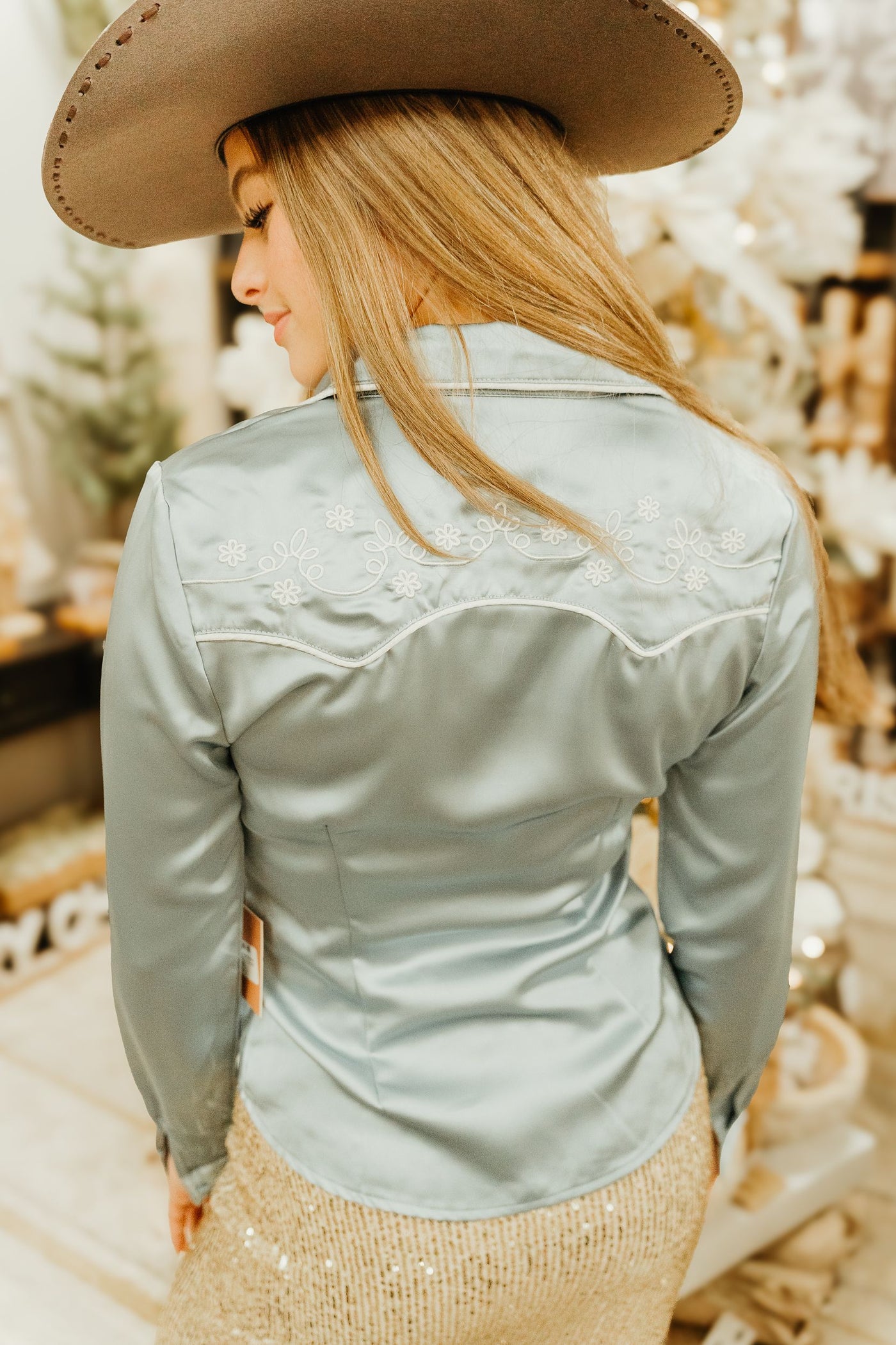 Soft Blue Western Embroidered Satin Shirt BRT3312-1