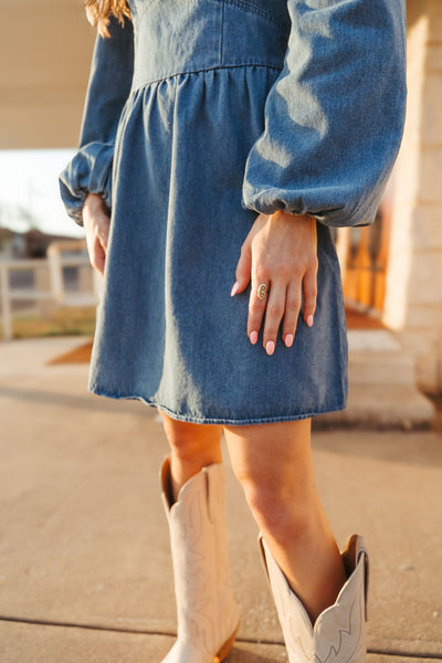 Denim Long Sleeve Dress w/Front Bow Tie ILD4766