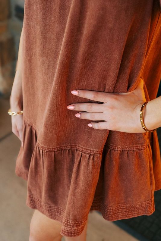 Brown Puff Sleeve Midi Dress with Pockets d25097