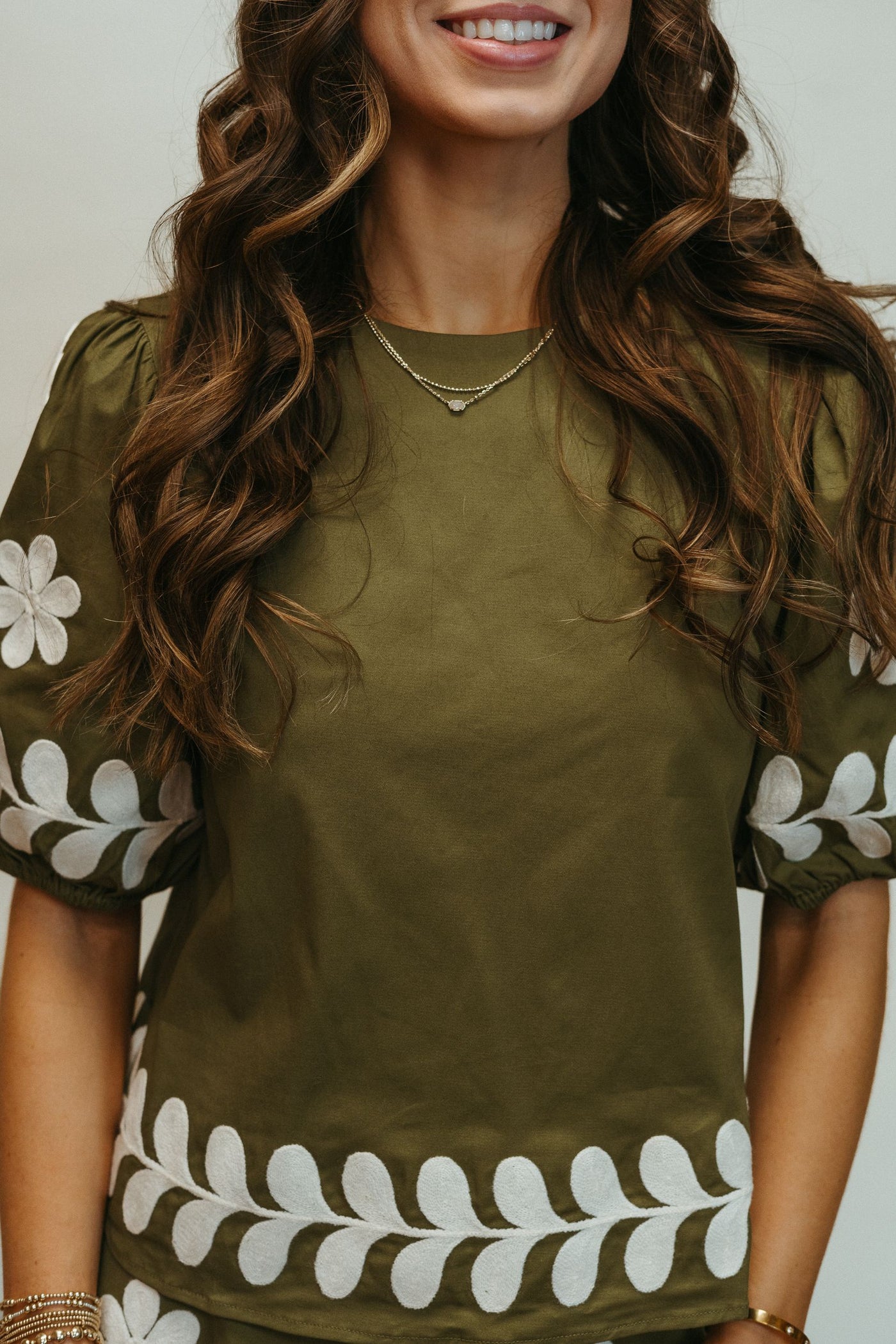 Olive Embroidered Puff Sleeve Top T-50252-JK