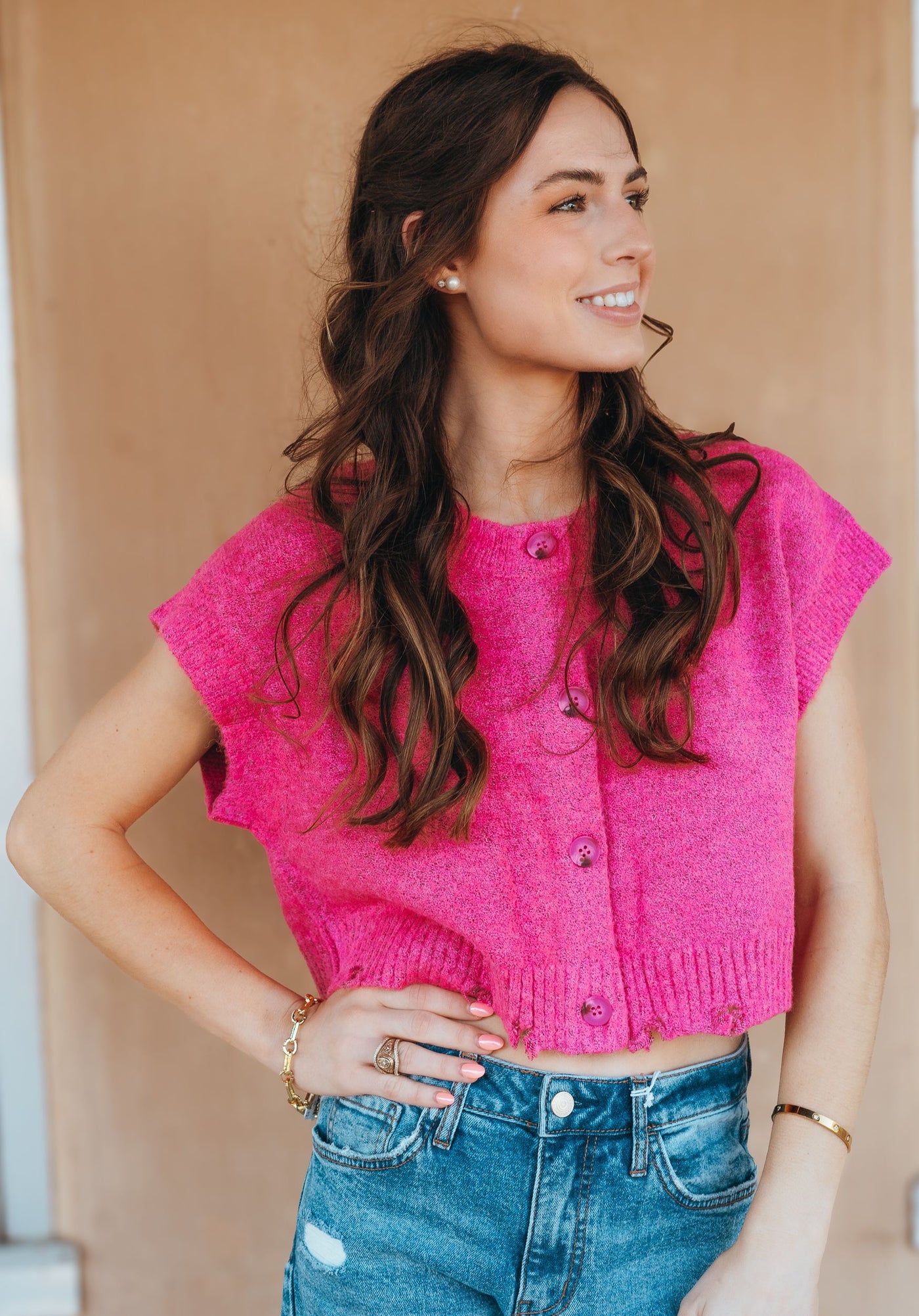 Pink Distressed Sweater Vest A2939