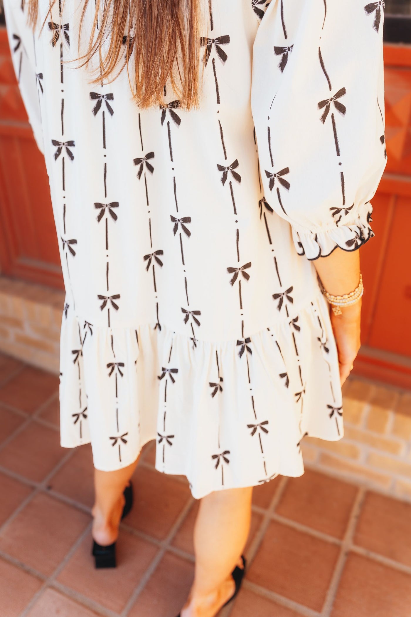 Natural Bow Print 3/4 Sleeve Mini Dress D24474