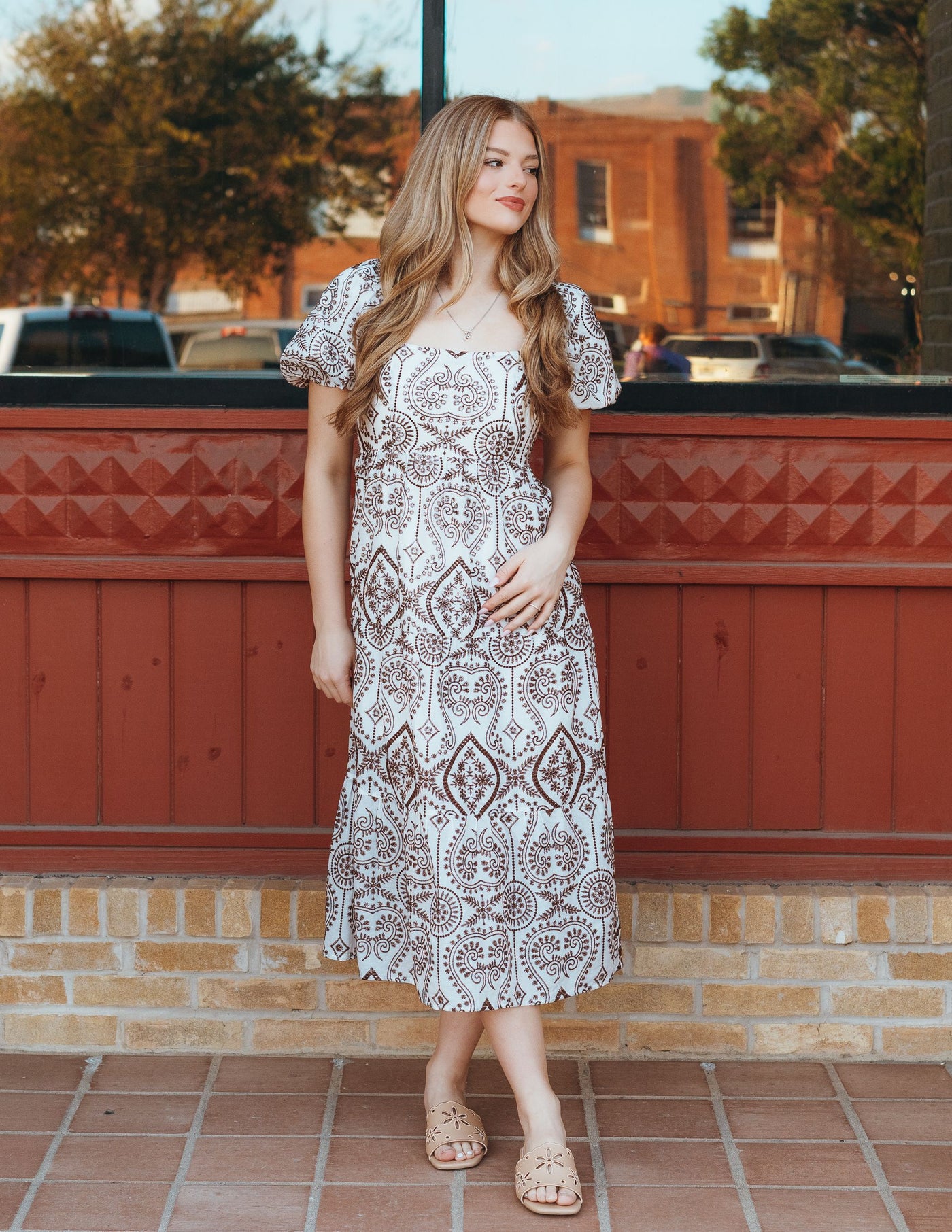 Brown Embroidered Puff Sleeve Maxi Dress UD2042