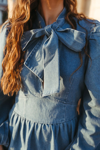 Denim Long Sleeve Dress w/Front Bow Tie ILD4766