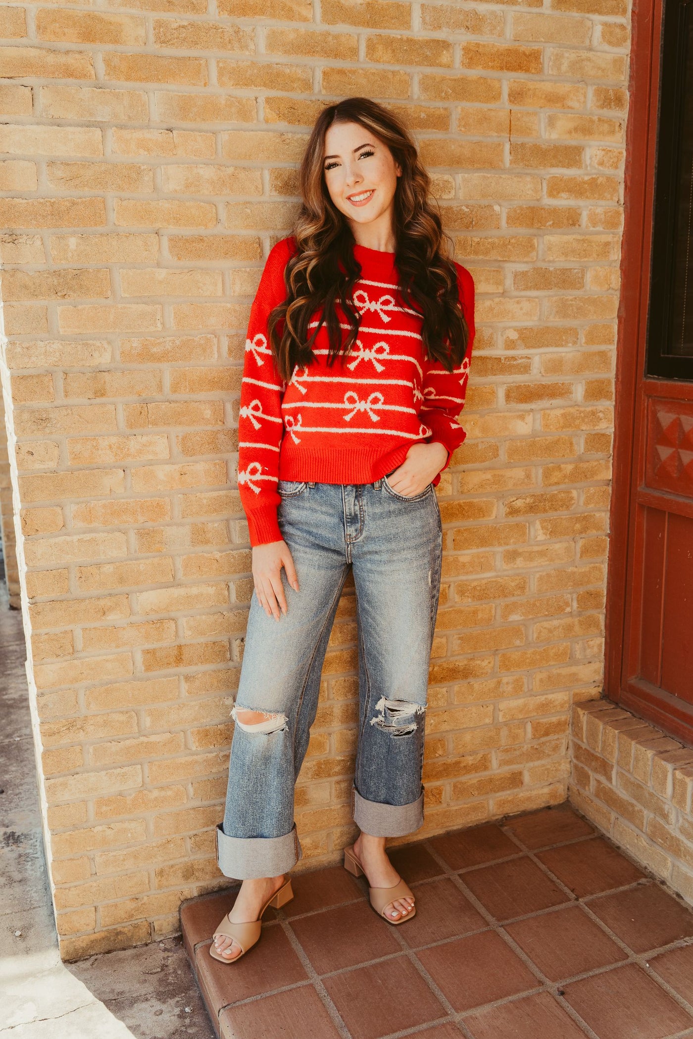 Red Striped Bow Crewneck Sweater T25297