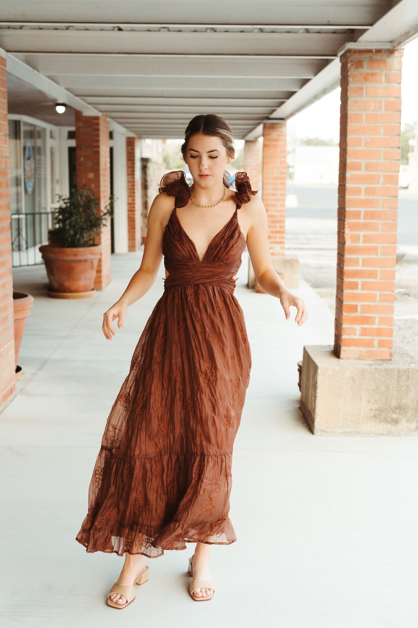 Brown Floral Embroidered Maxi Dress LD2163