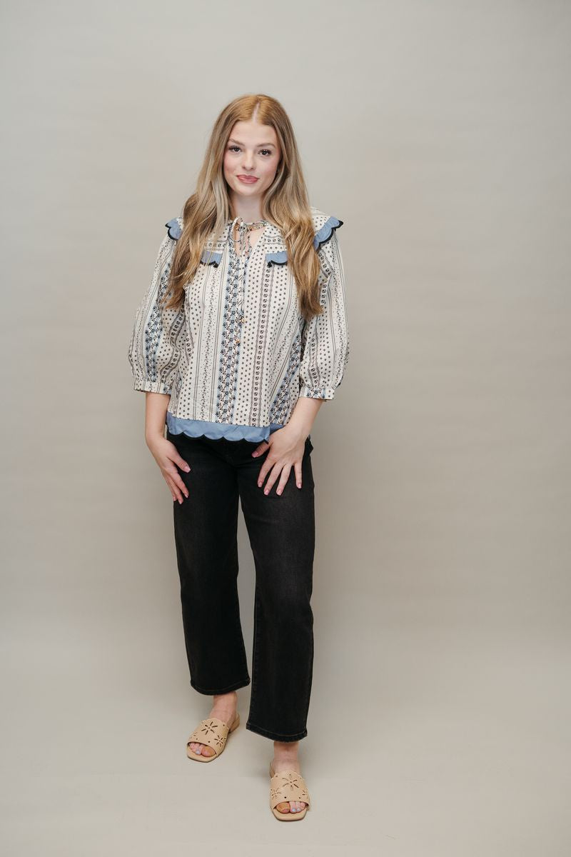 Ecru Print 1/2 Sleeve Top w/Scallop Trim T24838