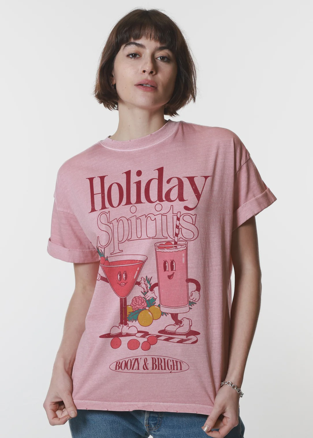 Girl Dangerous Holiday Spirits Dusty Pink Boyfriend Tee