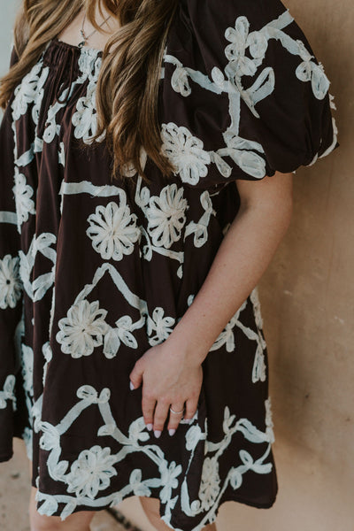 Brown Maddy Mini Dress w/Floral Embroidery S1449D-3