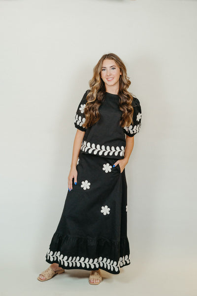 Black Embroidered Ruffled Midi Skirt S-8339-JK