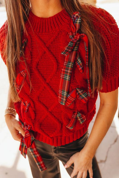 Red Short Sleeve Cable Knit Sweater T25206