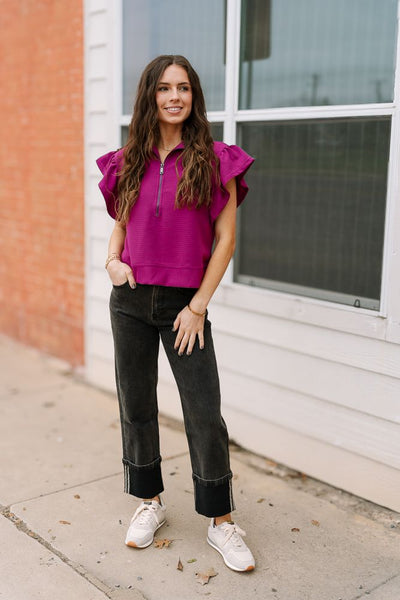 Magenta Ruffle Sleeve 1/4 Zip Top T23793