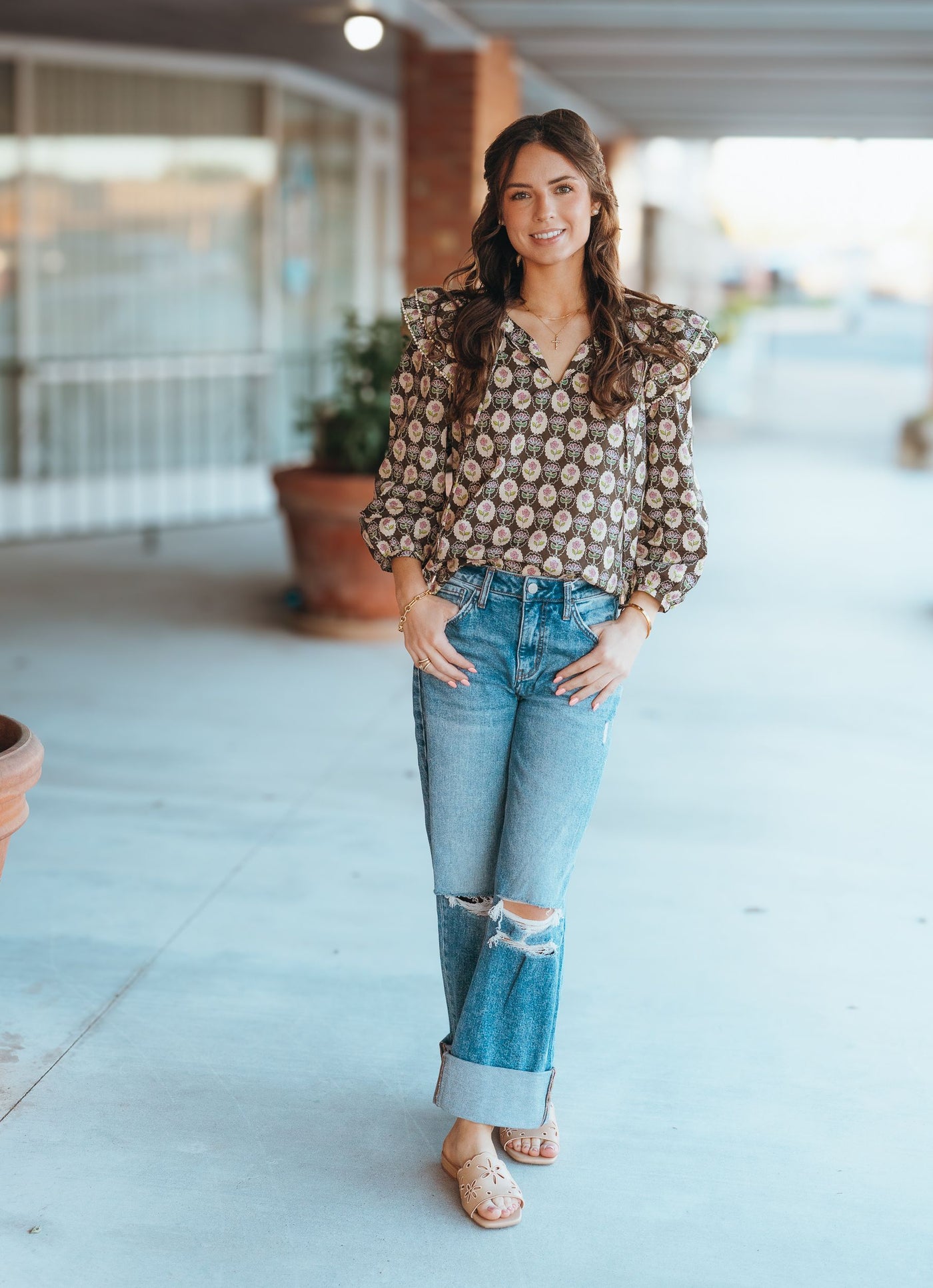 Brown Floral Print 3/4 Sleeve Top T25281