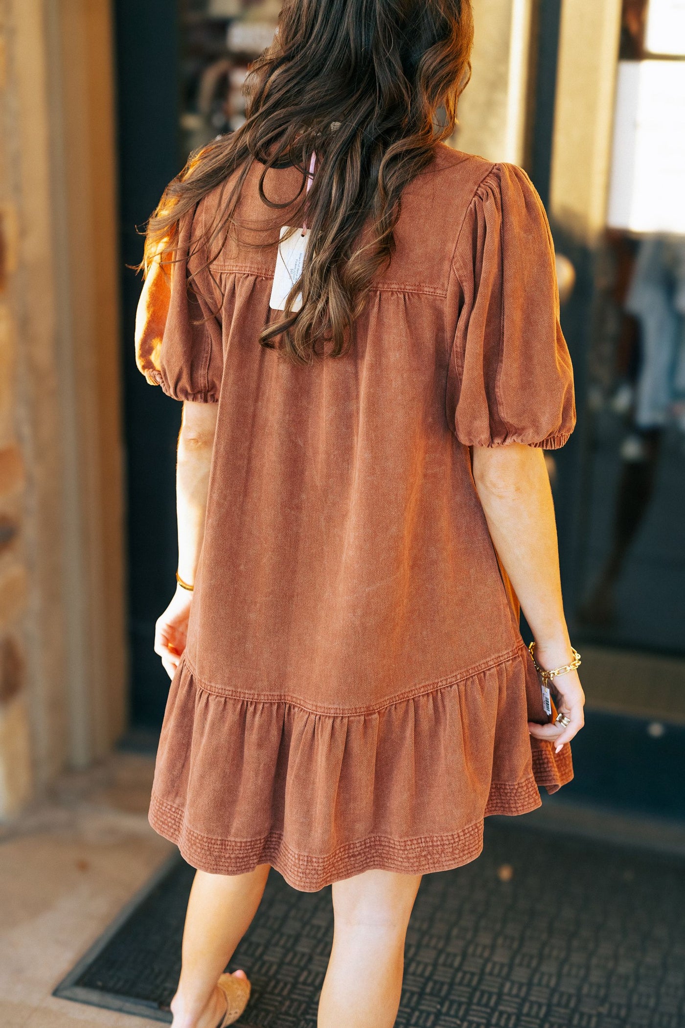 Brown Puff Sleeve Midi Dress with Pockets d25097