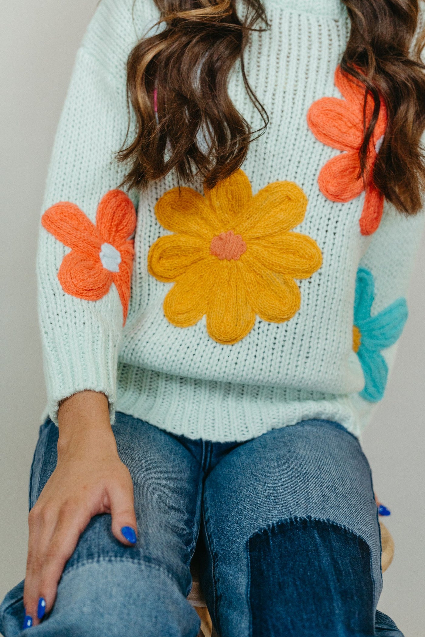 Mint Floral Stitched Sweater