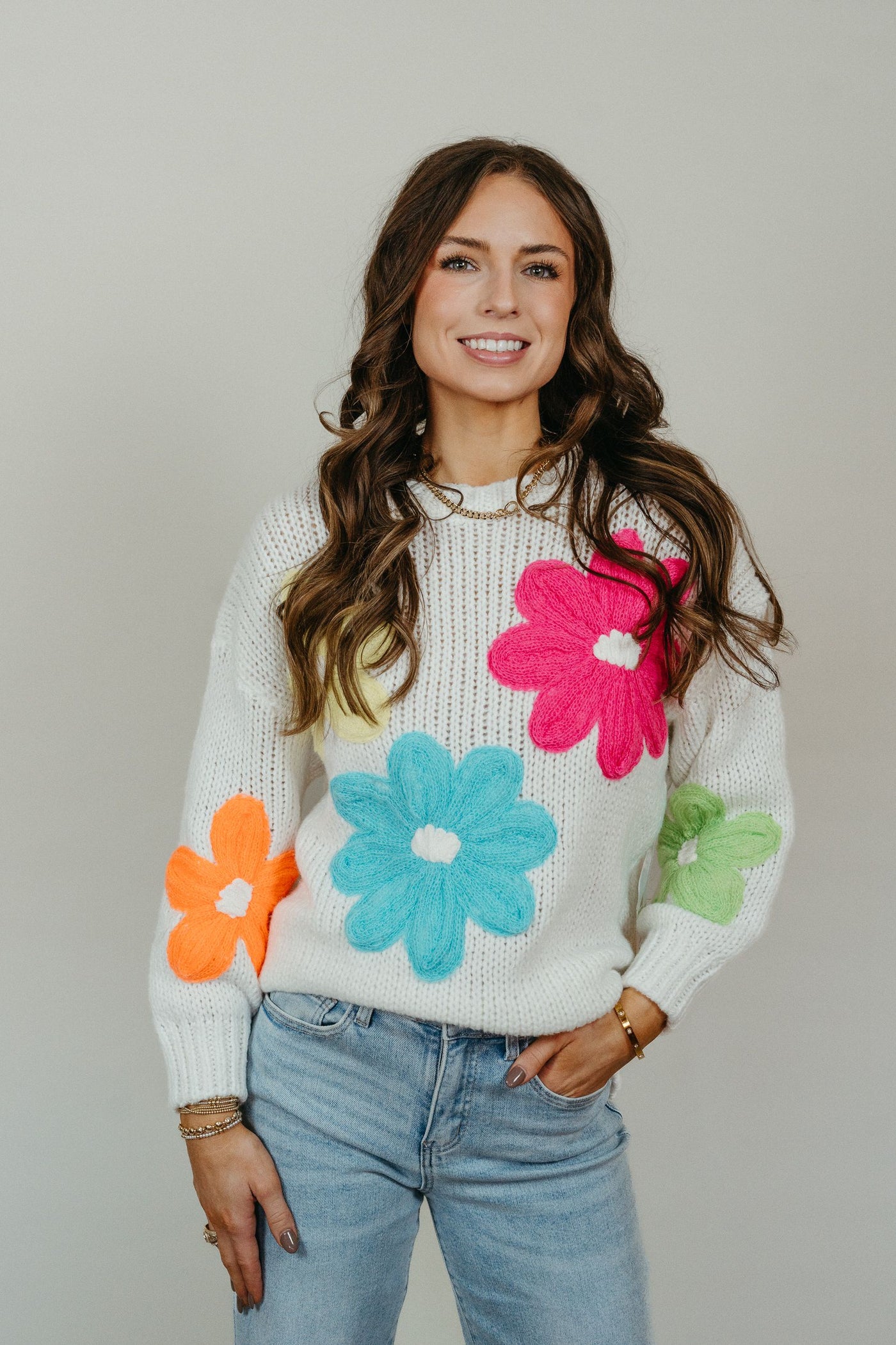 White Floral Stitched Sweater