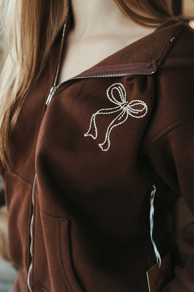 Chocolate Ribbon Embroidered Zip-Up Hoodie BRT3189