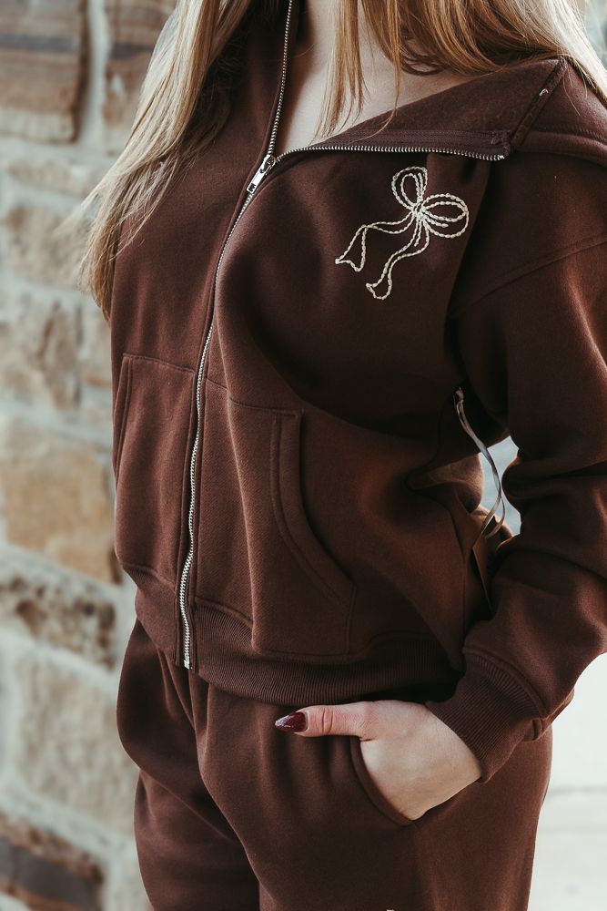 Chocolate Ribbon Embroidered Zip-Up Hoodie BRT3189