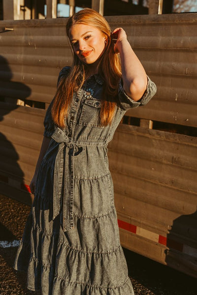 Denim Tiered Midi Shirt Dress CD04789