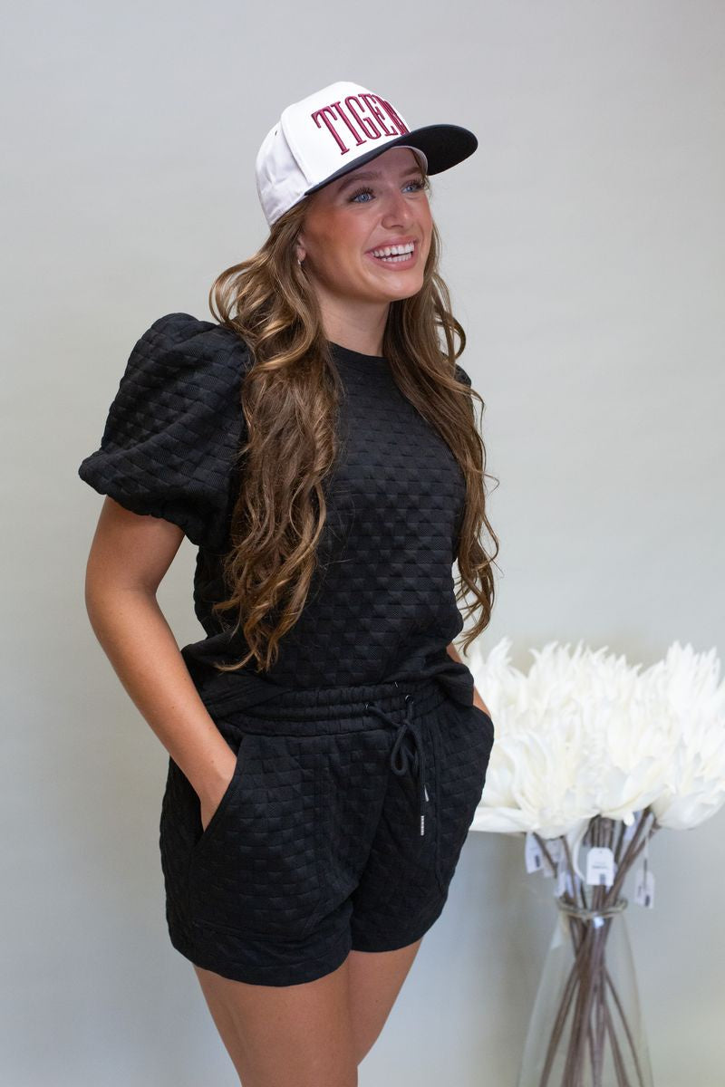 Black Checkered Puff Slv Top