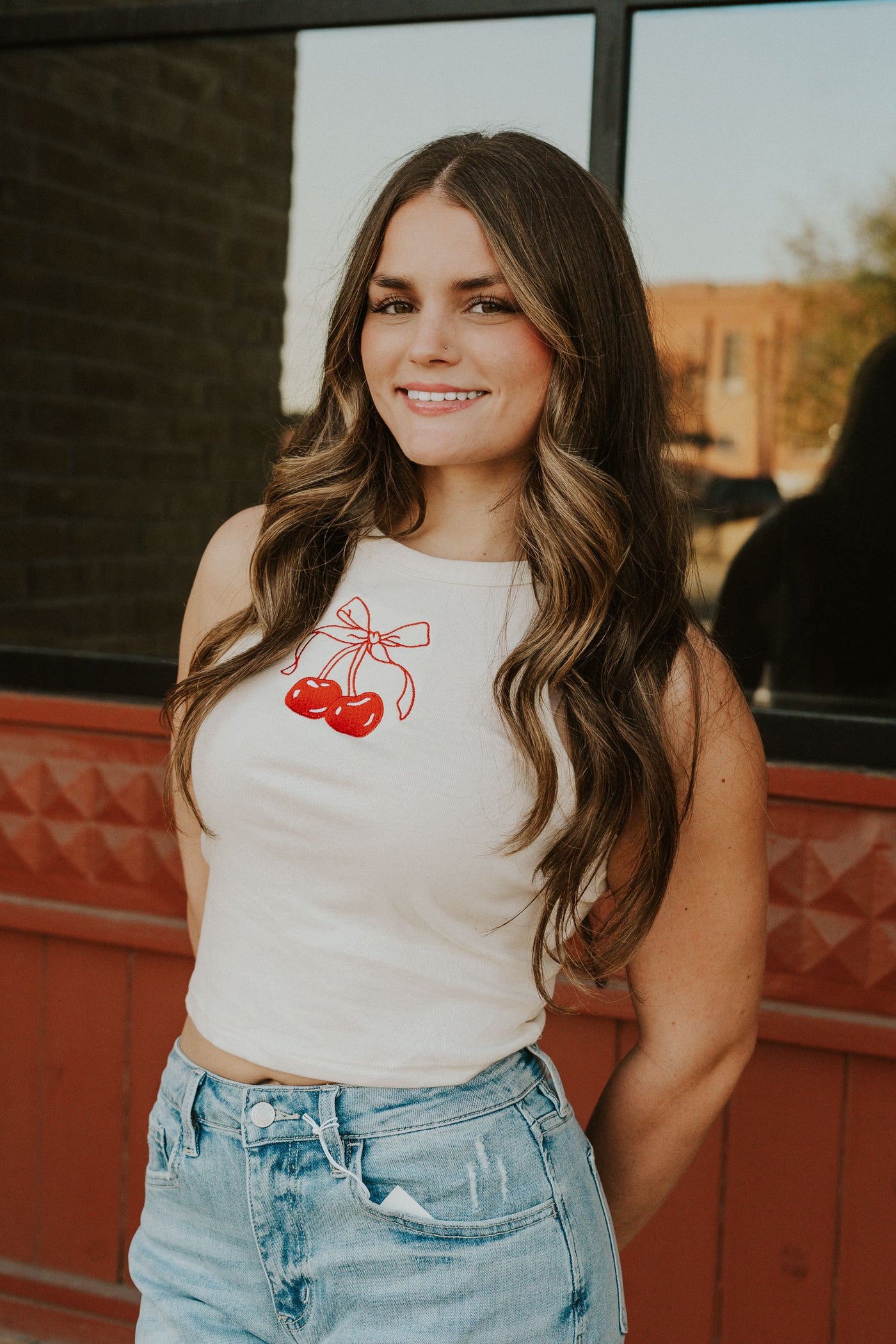 Cherries Cream Embroidered Tank