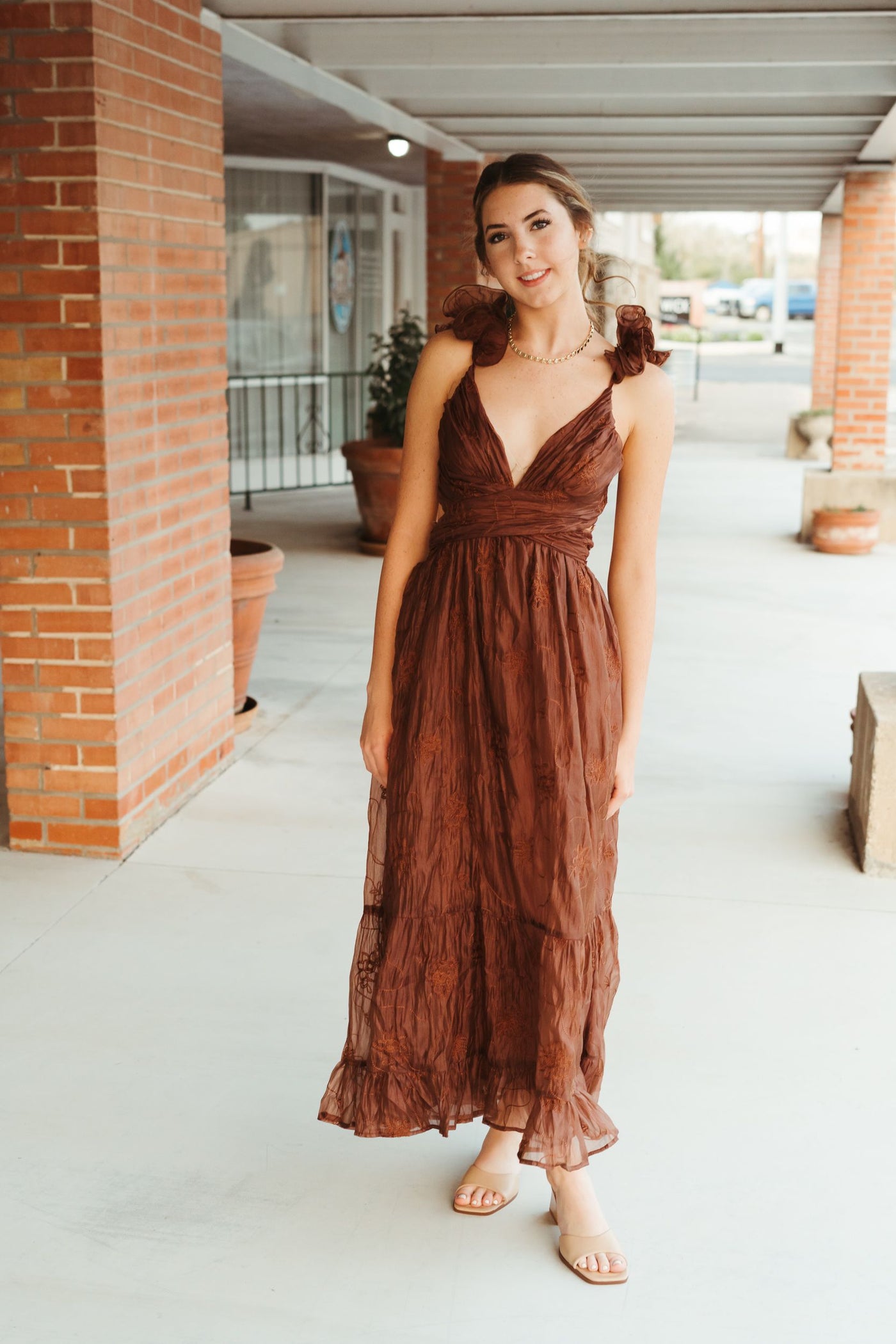 Brown Floral Embroidered Maxi Dress LD2163