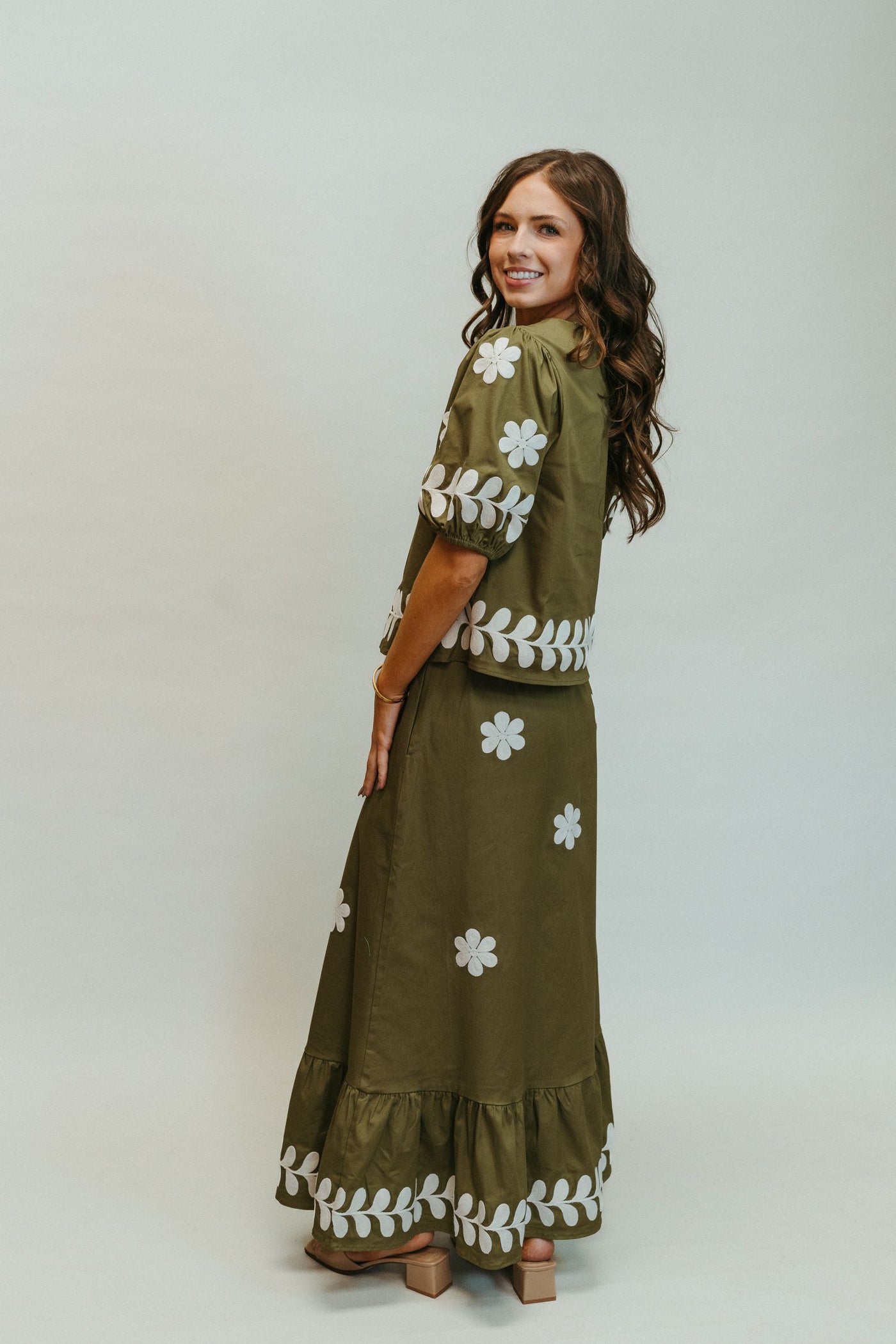 Olive Embroidered Ruffled Midi Skirt S-8339-JK