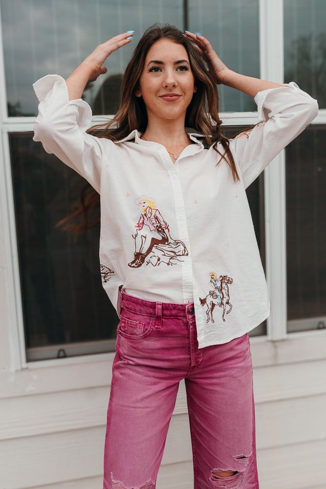 Off White Western Cowgirl Embroidered Long Sleeve Shirt 22894T