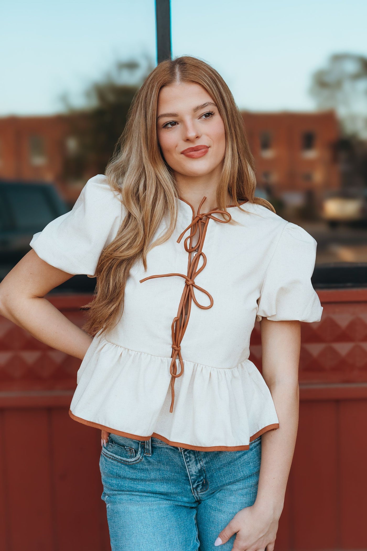 Cream Short Sleeve w/Faux Leather Trim LT1585