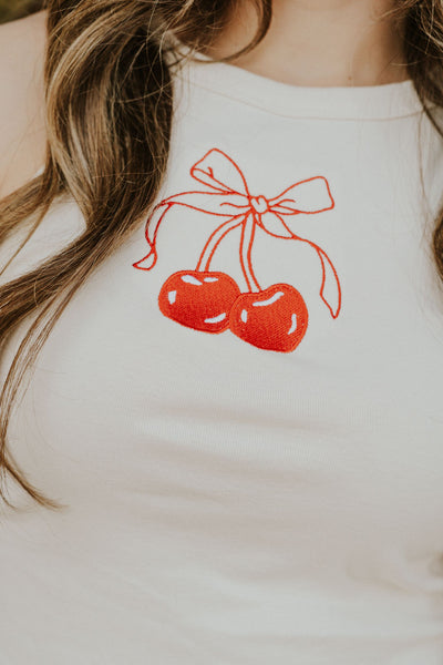 Cherries Cream Embroidered Tank