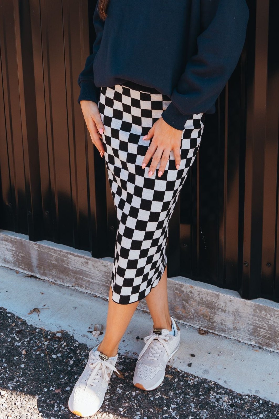 Black Checkered Print Midi Skirt PSW2731