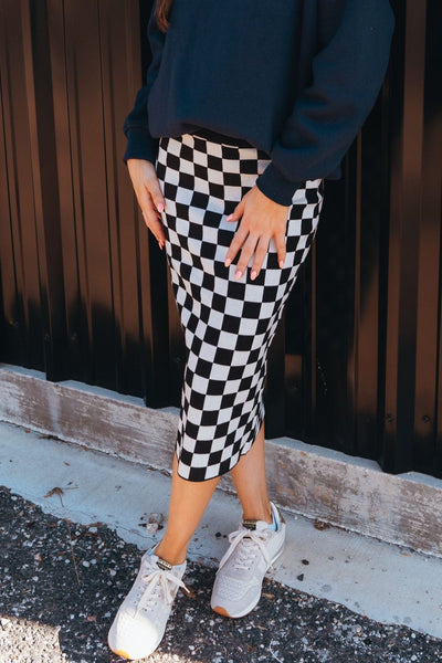 Black Checkered Print Midi Skirt PSW2731