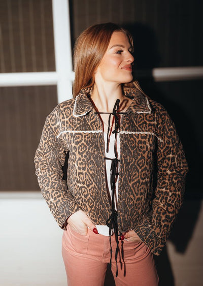 Taupe Quilted Padded Leopard Twill Jacket J-9354-H