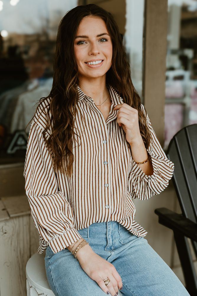 Mocha Striped 3/4 Sleeve Top T24501