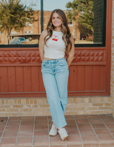 Cherries Cream Embroidered Tank