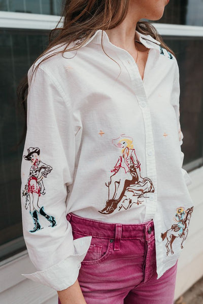 Off White Western Cowgirl Embroidered Long Sleeve Shirt 22894T