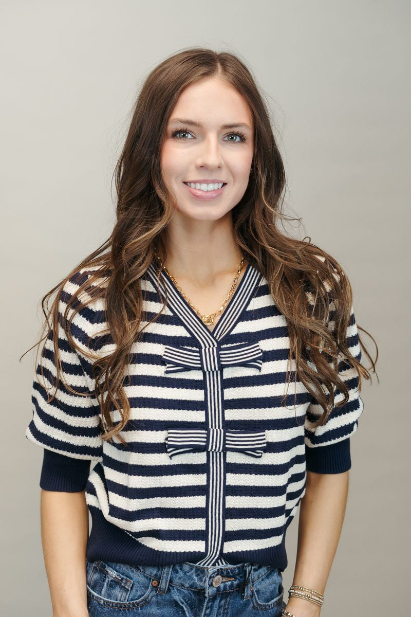 Navy Bow Detailed V Neck Striped Knit Top 34667