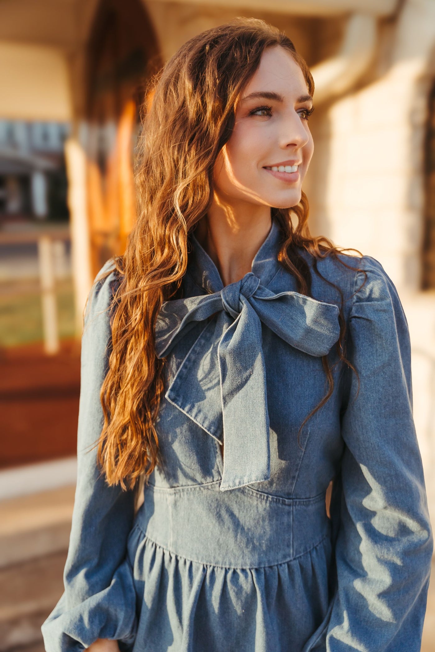 Denim Long Sleeve Dress w/Front Bow Tie ILD4766