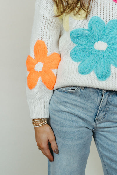 White Floral Stitched Sweater