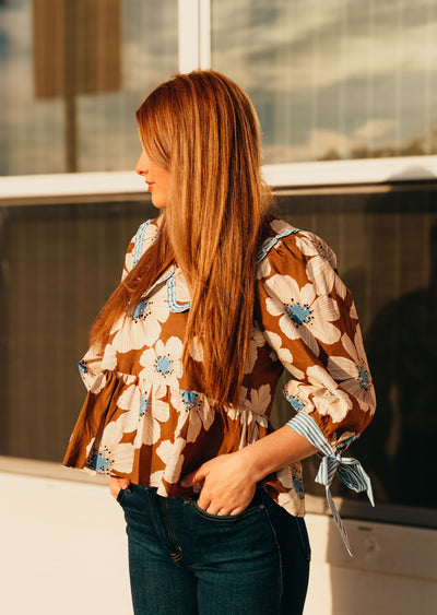 Brown/Blue Floral 3/4 Sleeve Top T24944